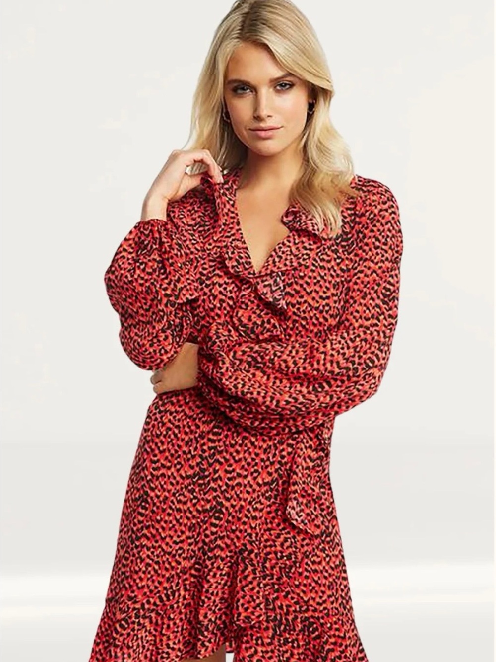 Red Leopard Print Long Sleeve Wrap Dress